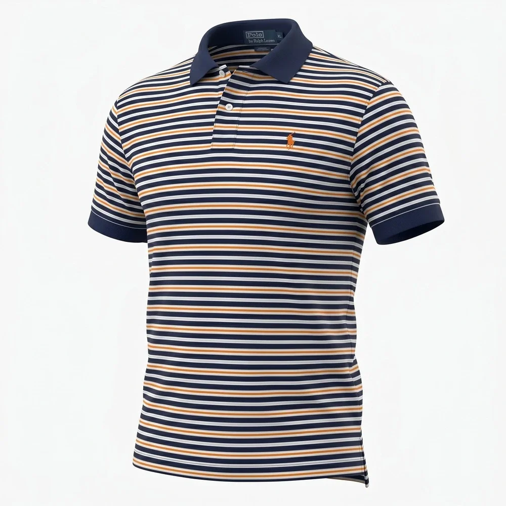 Polo Ralph Lauren Mens XL Striped Polo Shirt Navy Blue Orange White Cotton